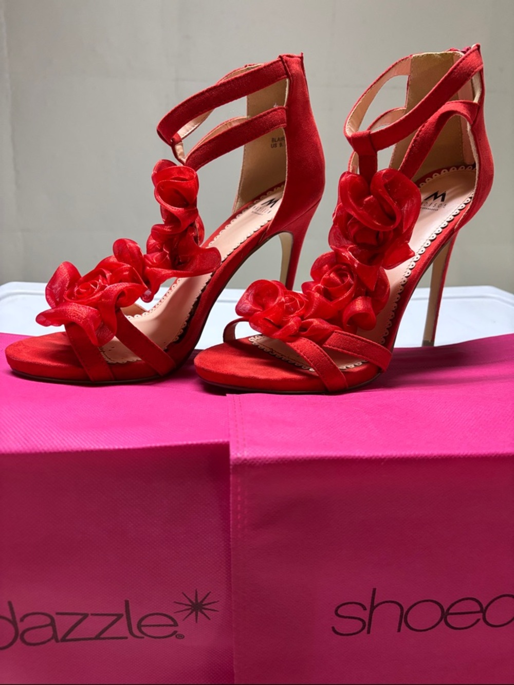 Shoe Dazzle Red Floral Appliqué Strappy High Heels